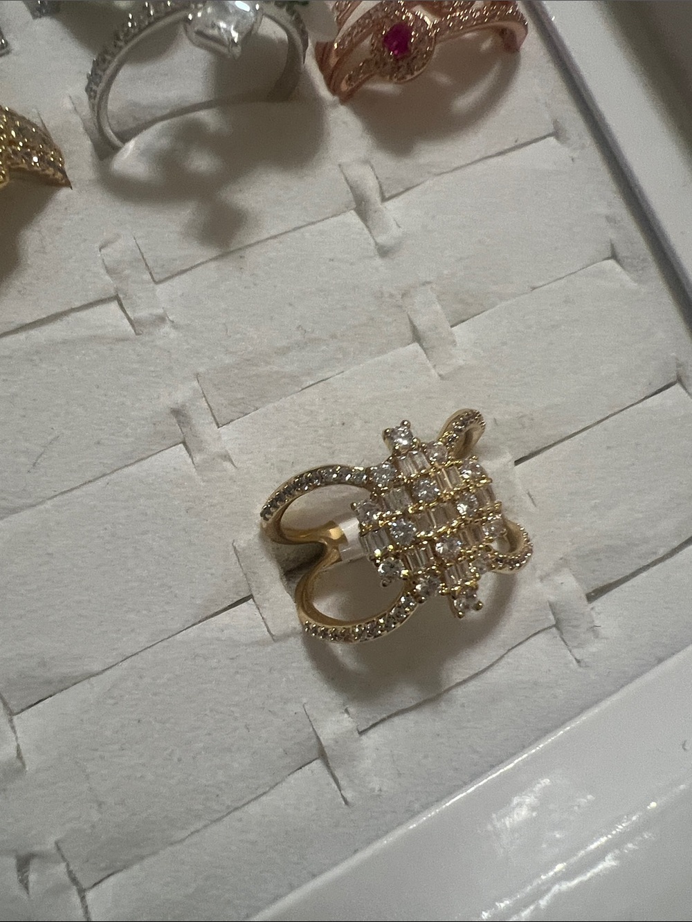 Gold Tone Crystal Grid Statement Ring - Women Jewelry